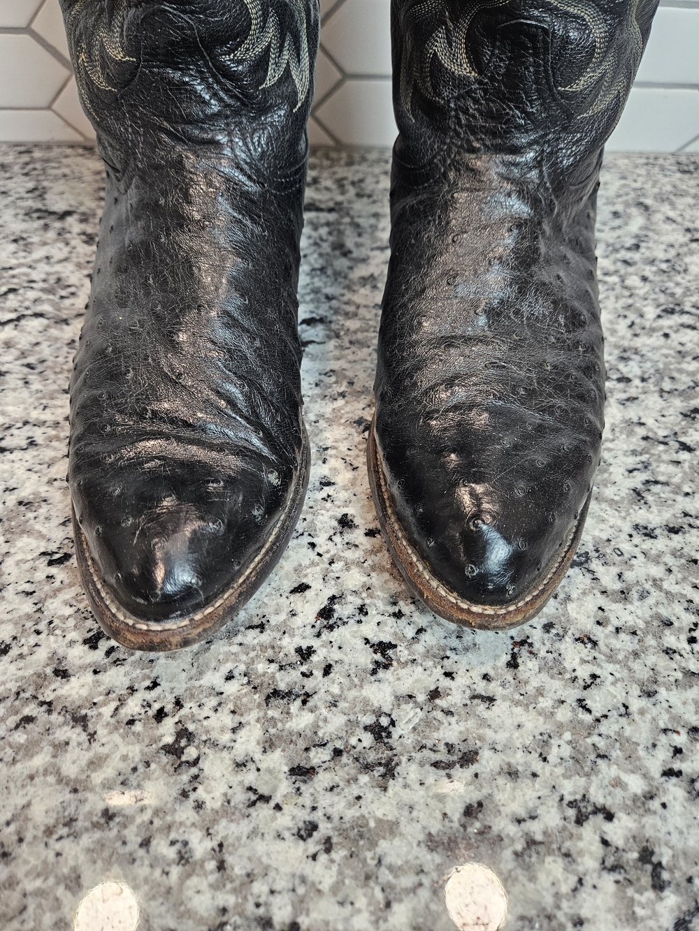 Tony Lama Black Ostrich Cowboy Boots with Embroidered Shaft - Picture 3 of 11